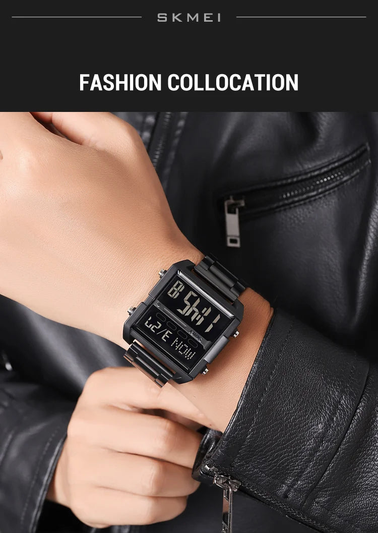 Skmei Luxury Brand Steel Strap Digital Watches for Mens Dual Time Zone Waterproof LED Chronograph Fashion Date Week Alarm Clock