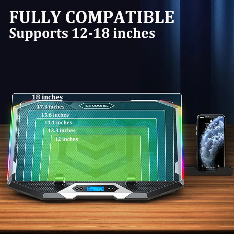 ICE COOREL Gaming RGB Laptop Cooler 12-18 Inch Led Screen Laptop Cooling Pad 3500 RPM 8 fans 2 USB Ports Notebook Cooler Stand