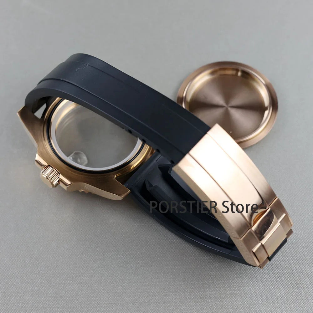 High quality 40mm Rose Gold Men Watch Cases Rubber Strap For Seiko nh34 nh35 nh36 100m waterproof 28.5mm Dial YACHT-MASTER case