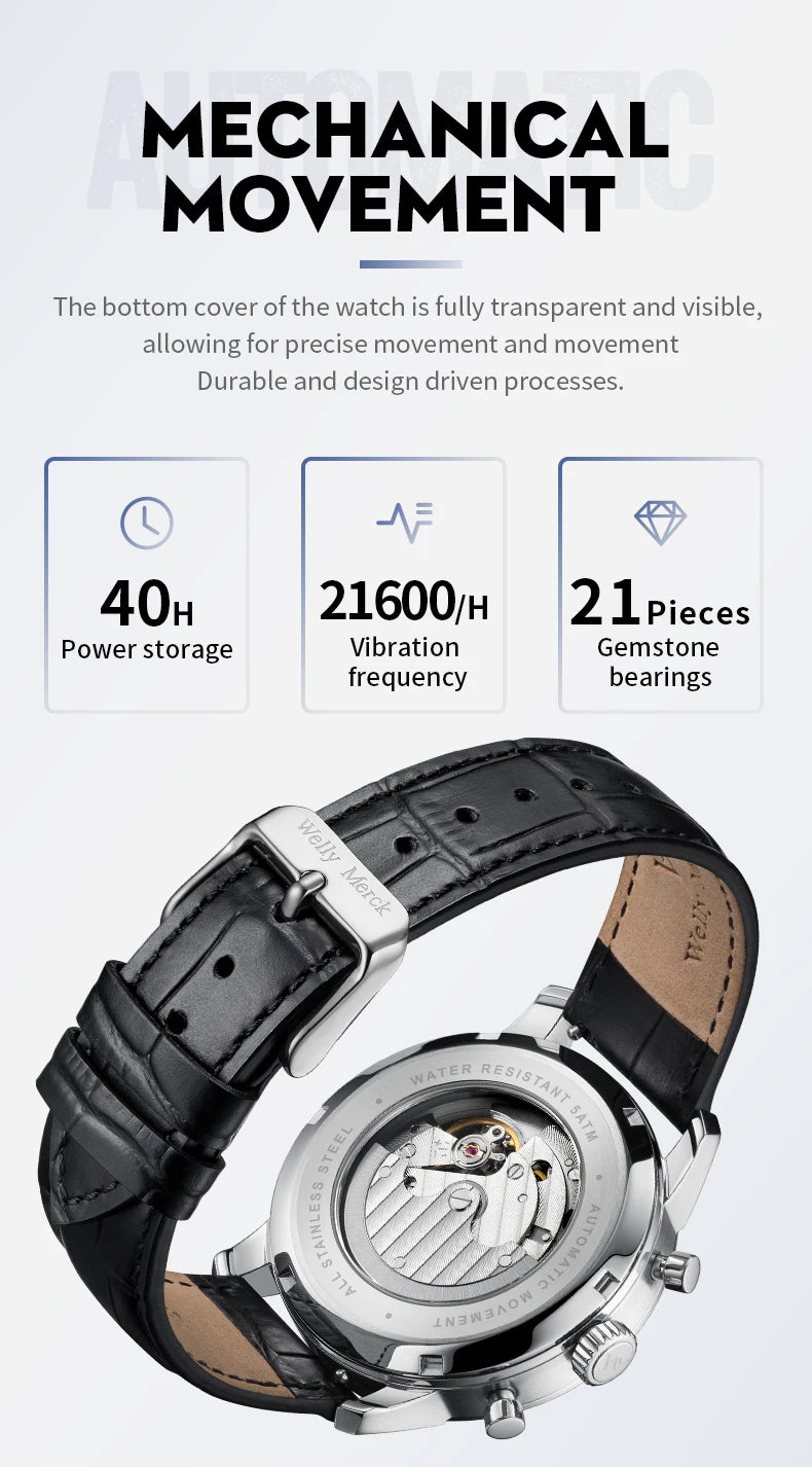 WM Watch Automatic Mechanical Watches Water Resistant Classic Casual Business Man Watch Welly Merck Watch WM138M