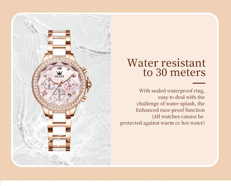 OLEVS Diamond Quartz Watch for Women Luxury Elegant Ceramics Strap Rhombic Mirror Ladies Wristwatch Waterproof Chronograph Clock