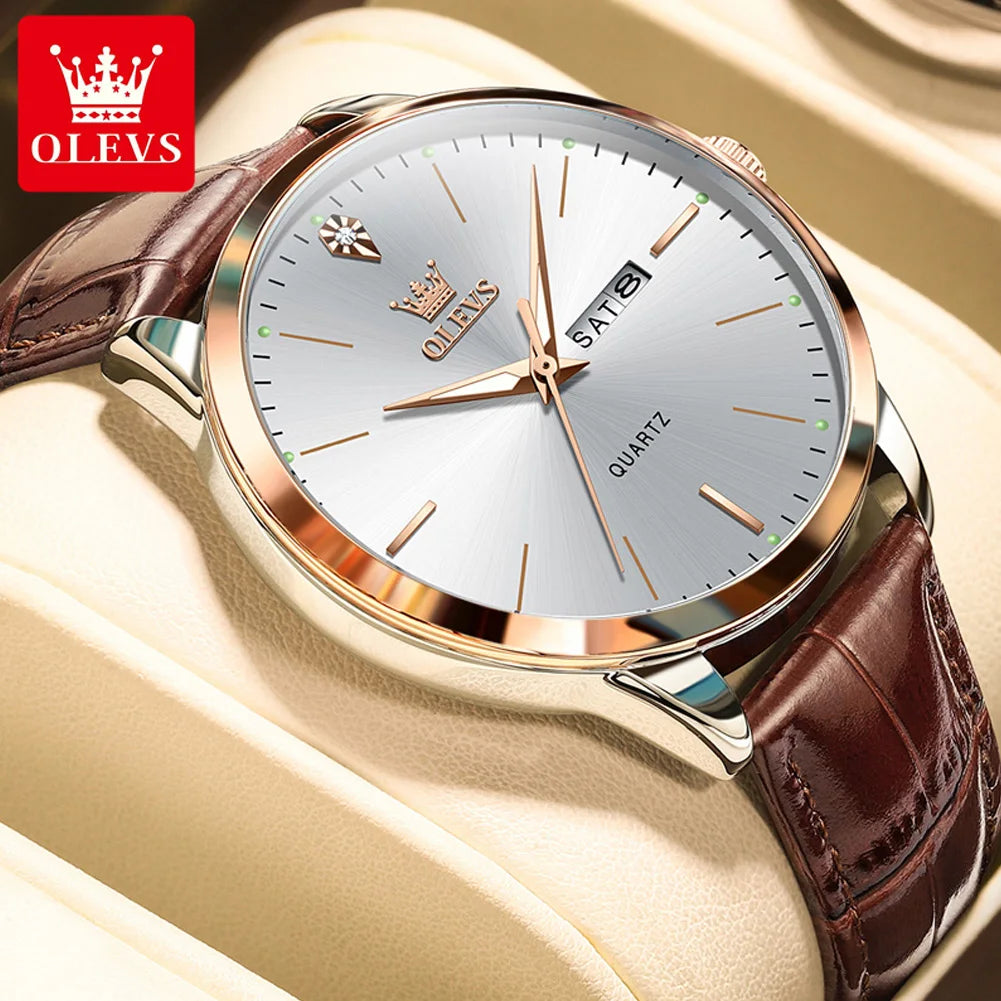 OLEVS 2935 Original Business Men Watch Leather Strap Trend Week Calendar Quartz Watch Luminous Waterproof 43mm Dial wristwatch