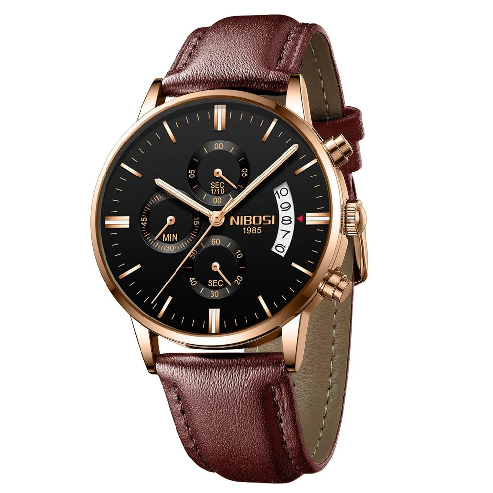 NIBOSI Watches Men Sport Quartz Watches Waterproof Chronograph Wrist Watch Gift Three-Eye 6-Pin Solid Leather Belt Watch Relogio