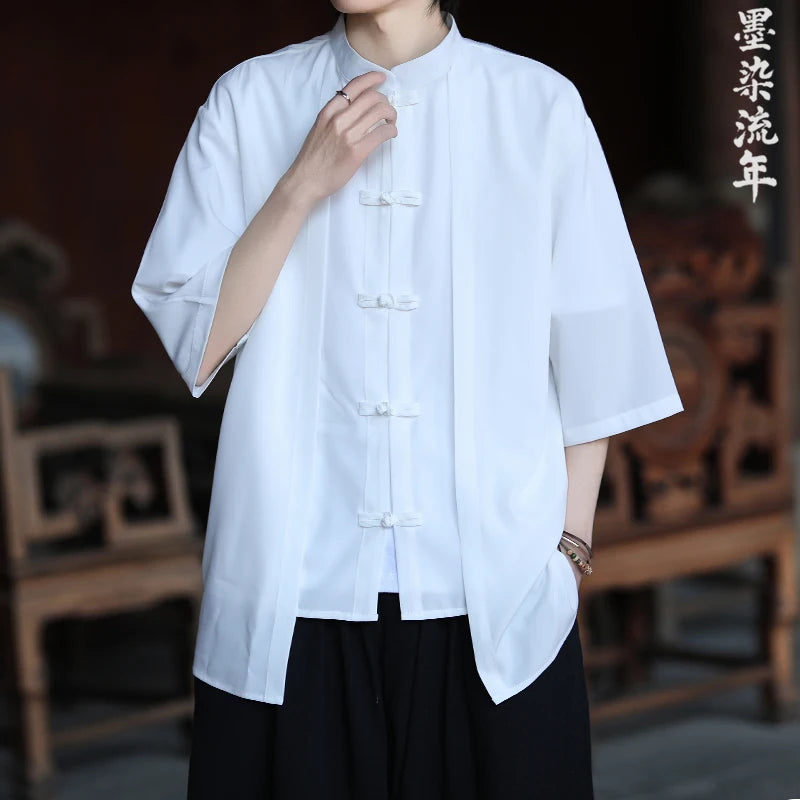 Chinese Shirt Men Ice Silk Chinese Style Comfortable Breathable Retro Shirt  Men Casual Summer Loose Fit Fashion Solid Color Top