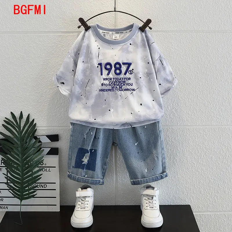 Summer Clothes Junior Boys Outfit Set Kids Outdoor Clothes for Children Letter Short Sleeve T-shirts + Denim Shorts 2 Piece Set