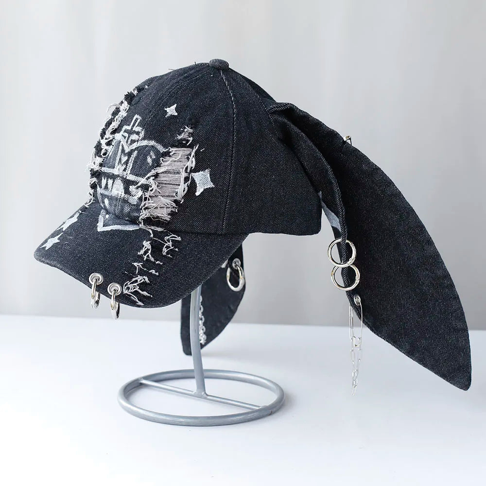 Designer Graffiti Devil Ears Denim Baseball Caps Men Women Autumn Personality Versatile Retro Ripped Style Hip Hop Men's Hat