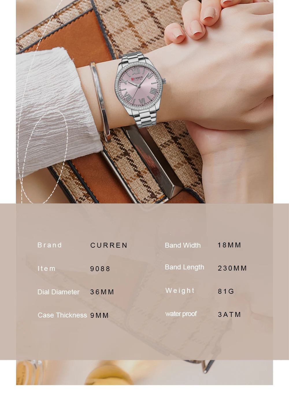 CURREN NEW Luxury Stainless Steel Wristwatches for Ladies Romantic Rose Pink with Rhinestones Roman Numeral Dial