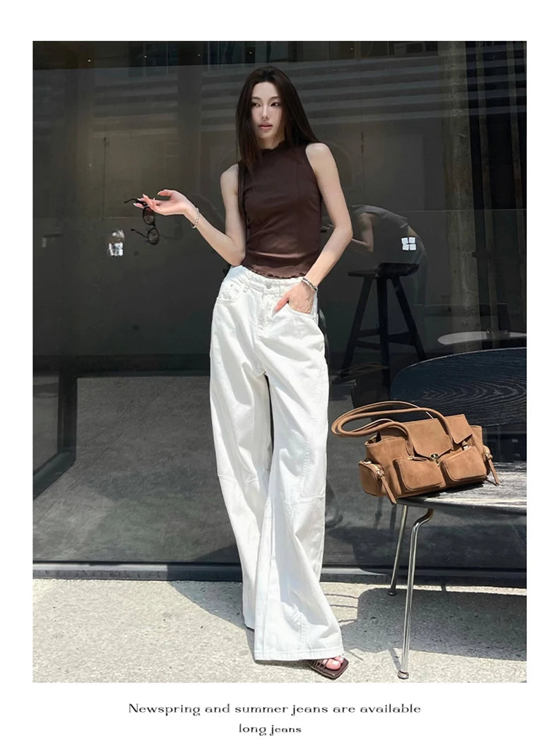 KSTUN 2025 Summer New Women's White Jeans Low Waist Wide Leg Jeans Denim Pants Losoe Fitness Girls Casual Dragging Pants Striped