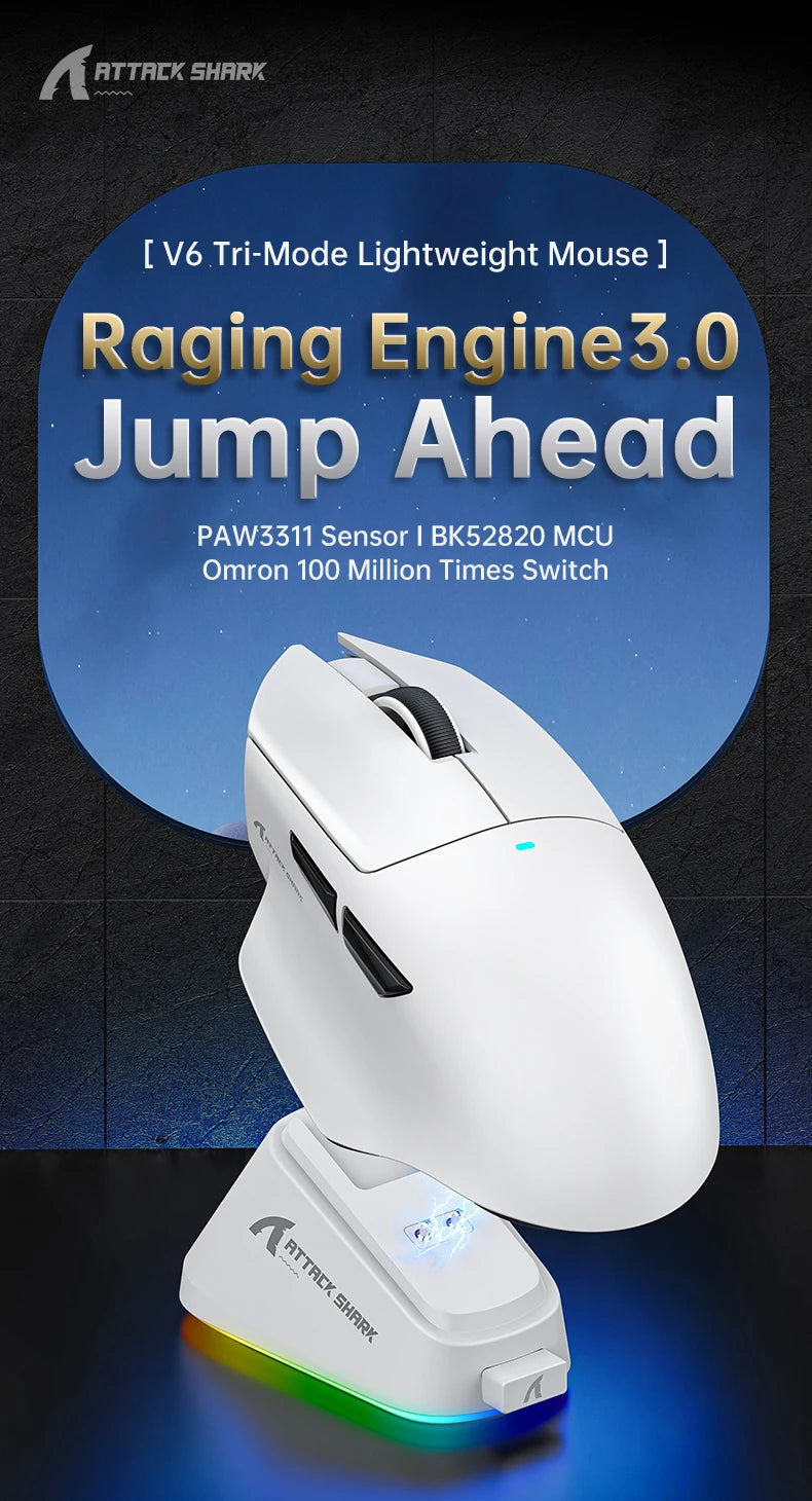 V6 ATTACK SHARK 25000DPI Wireless Mouse,Bluetooth Tri-Mode Connection,Touch Magnetic Charging Base , Macro Gaming Mouse