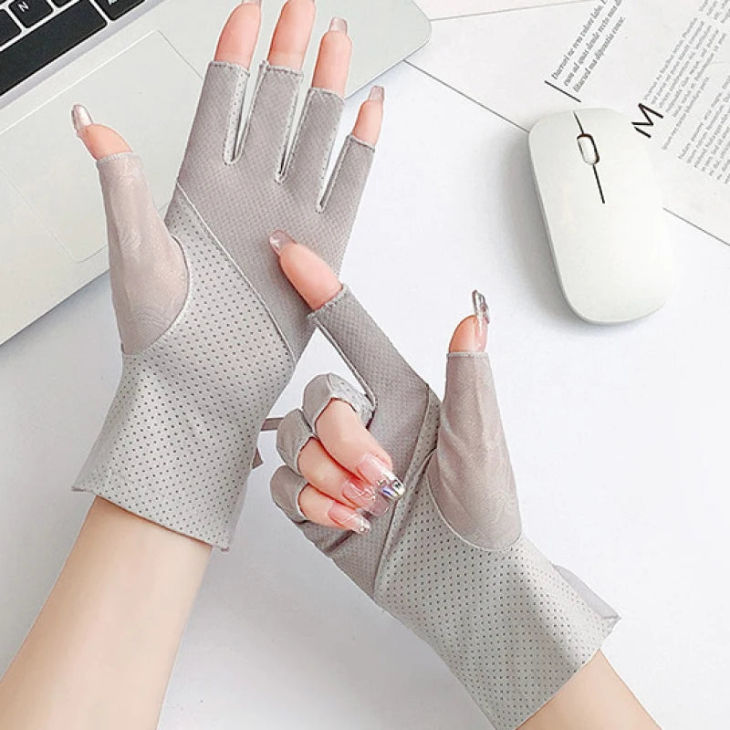 Women Summer Ice Silk Sexy Lace Thin Sunscreen Half-Finger Gloves High Elasticity Non-Slip Breathable Mesh Drive Cycling Soft