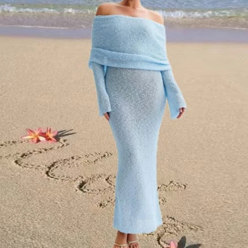 Fashion Style Knitted One-Shoulder See-Through Beachwear Cover Up Women's Beach Vacation Sunscreen Dress Elegant Long Dress