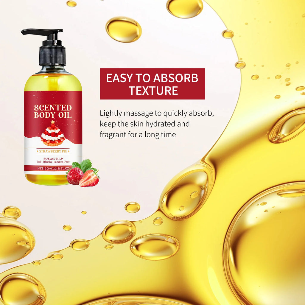 100ml Body Oil Deep Nourishing Moisturizing Dry Skin Relief Plant Essential Oils for Skincare Massage, Strawberry Pie Scent
