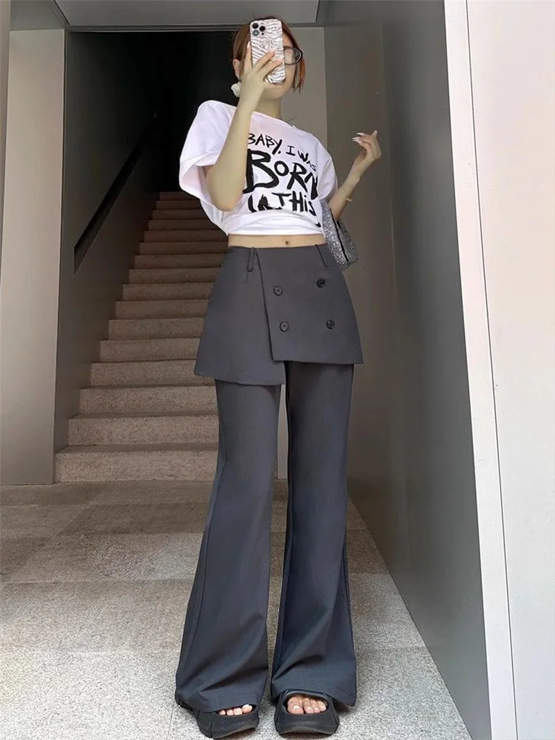 Korean Women's Apron Pants Short Skirt Patchwork Fashion High Street Fake Two Pants Solid Color High Waist Flared Pants 937P