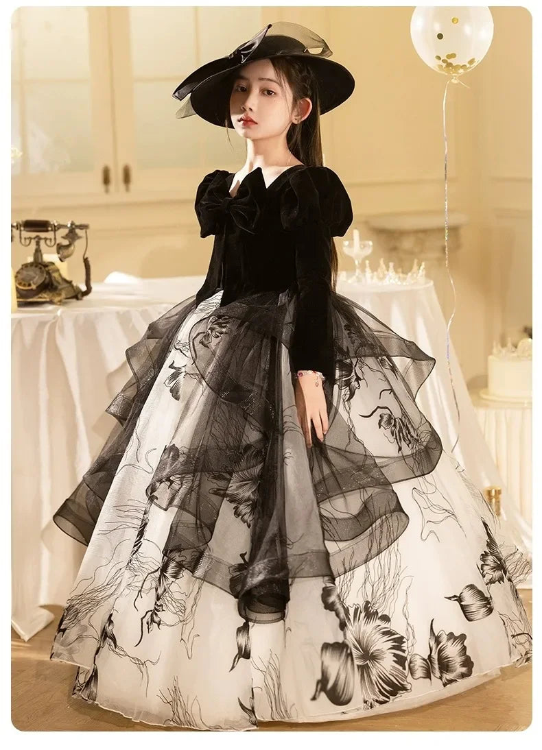 Girls' Spring Dress 3-14y Sweet Girls Floral Puff Long Sleeve PrincessCostumes Vestidos Dresses Kid's Clothes Children's Mes