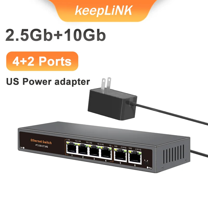 KeepLiNK 6-Port Multi-Gigabit Unmanaged Network Switch 4 X 2.5Gb RJ45 + 2 X 10Gb RJ45 for High-Speed Data Networking