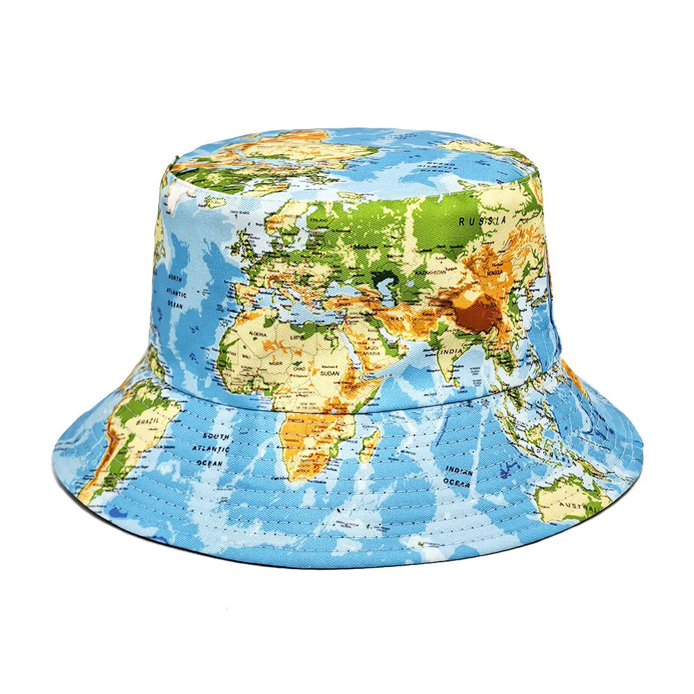 Map Pattern Anti-Sun Panama Fashion Decorate Unisex Spring Summer Outdoor Sunscreen Bucket Hat Women Men Fisherman Cap Sun Gorra
