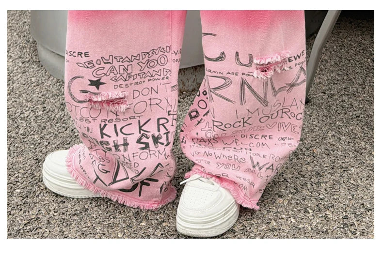 junior girls pink gradient color hole wide leg jeans cotton teenager kids Mop pants pant children trousers adolecentes 4 12 14