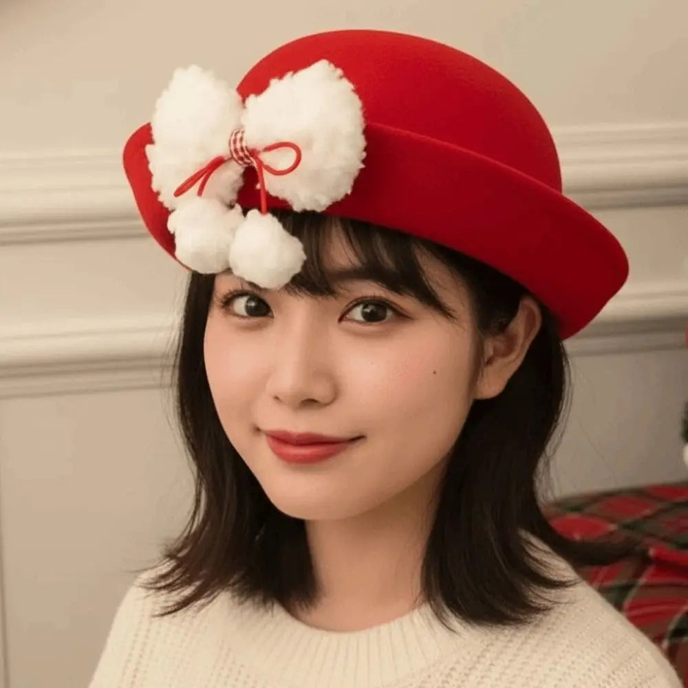 Top Hat Vintage Looking Red Bowler Hats Beret Japanese Style Woolen Bucket Cap Versatile Bow Girls Dome Hat Performances