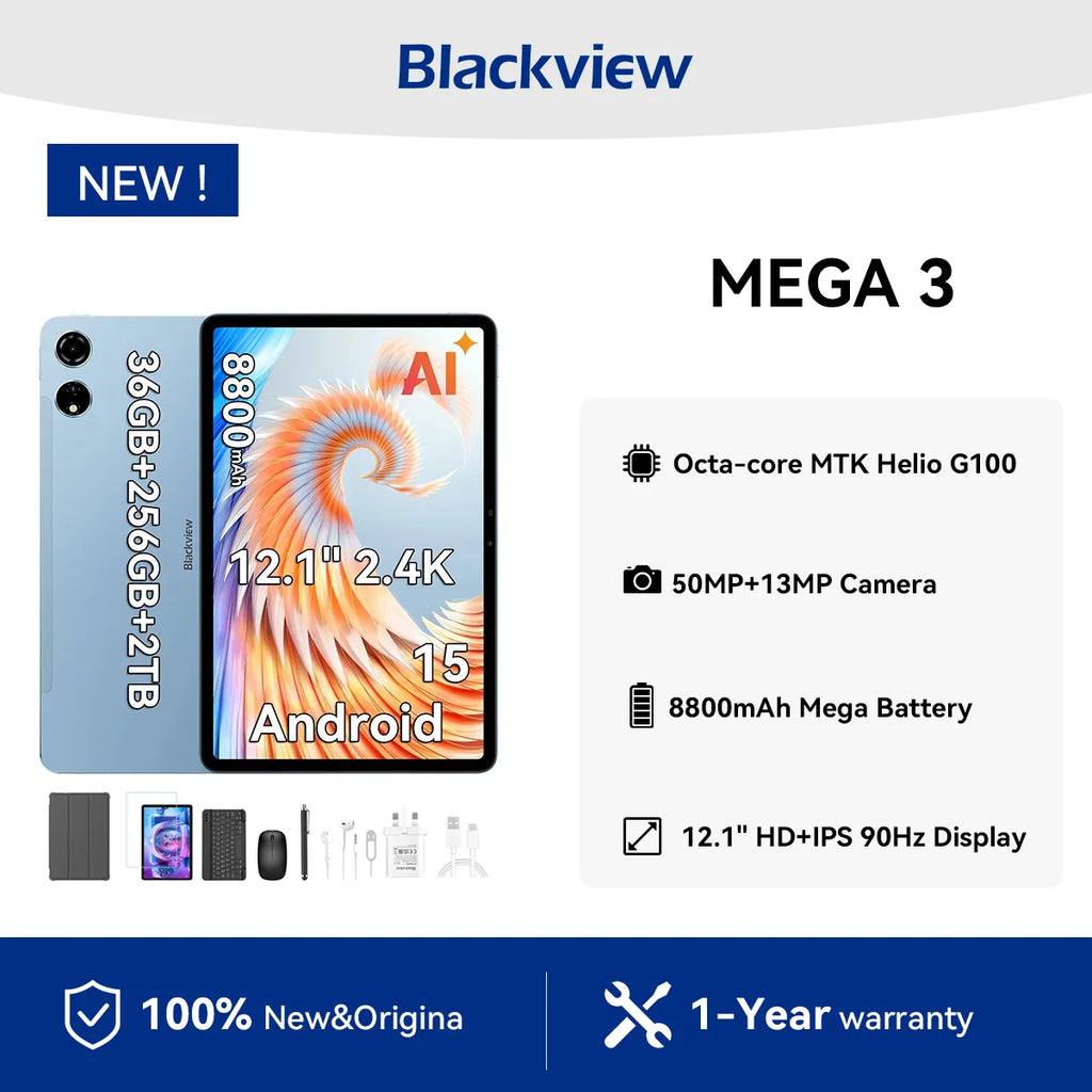 Blackview MEGA 3 Tablet SET 12.1" 2.5K FHD+ Display MTK G100 Octa core 12GB 256GB 8800mAh 50MP Camera 33W Charger Android 15 Pad