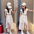 Girls' Set 2025 New Summer Korean  Lace Hollow Set Elegant Medium sized Children's Dress