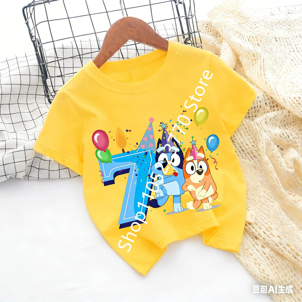 Bluey Baby Birthday T Shirt for Boys Girl Bingo Number Kids Clothes Summer Cartoon Letter Tees Shirts Toddler Short Sleeve Tops