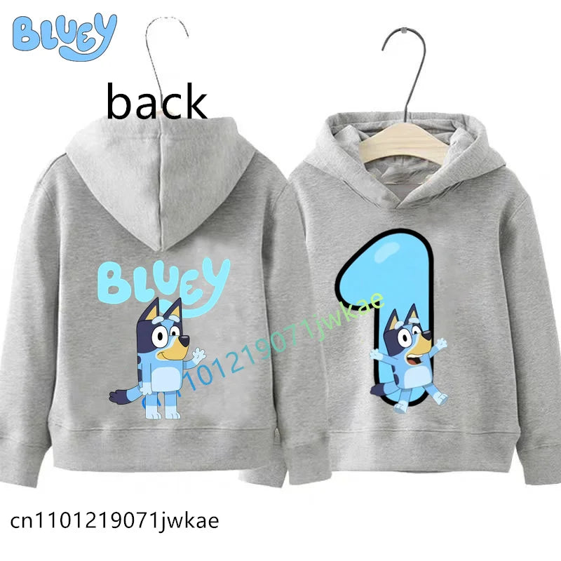 Bluey Birthday Number Print Hoodie Kids 1-9Y Front Back Design Long Sleeve Sweatshirt Boys Girls Casual Tops Birthday Party Wear