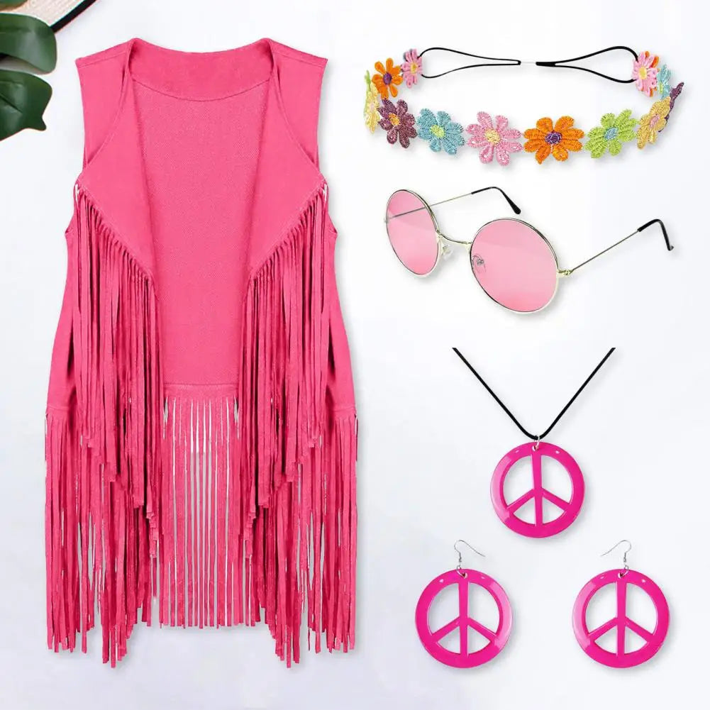 60s 70s Women Vest Set Headband Sunglasses Necklace Earrings Tassel Cardigan Jewelry Set Waistcoat Dance Party Disco Costume