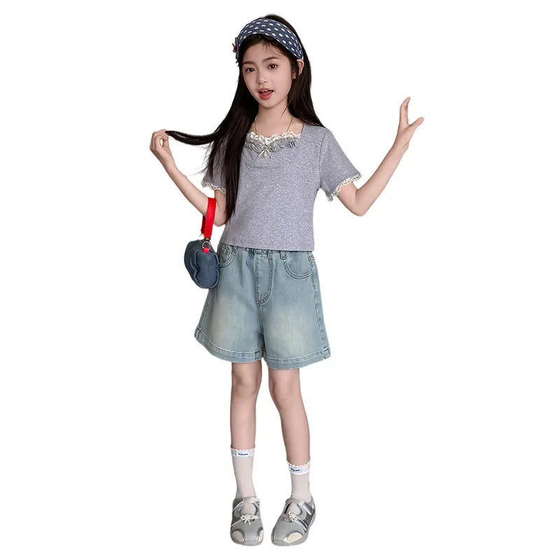 Summer Teenager Girls Denim Shorts Casual Pocket Letters Shorts Junior Girl Kids Clothes 4-14Years