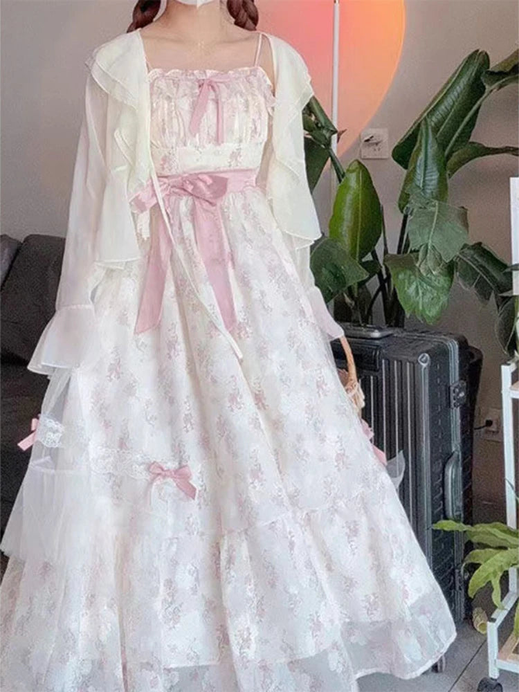 Design Sweet Summer Sling Dress 2-piece Set Women Fashion France Bow Lace Print Fairy Dresses Elegant Chic New Sunscreen Shirt