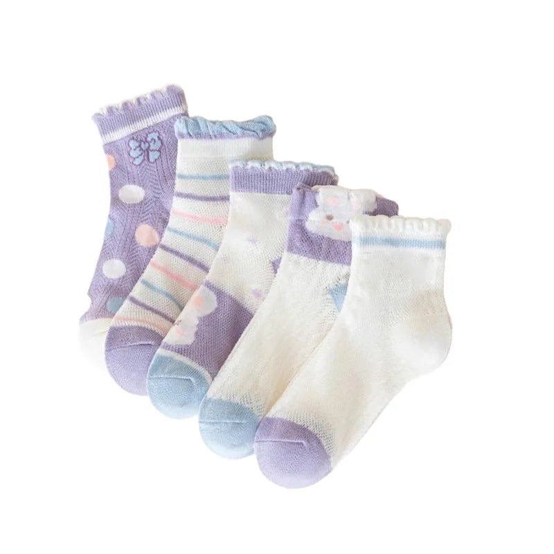 RAISE YOUNG 5Pairs/Lot Purple Children Girls Mesh Socks Bow Flower Print Babys Girls Summer Socks Animal Pattern Kids Girl Socks