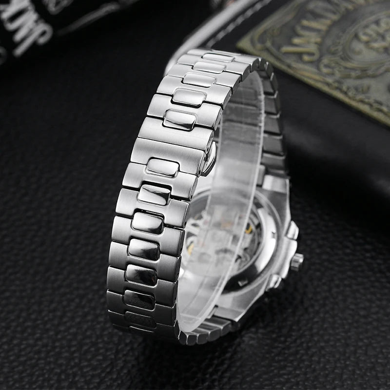 Power Reserve Mechanical Men Wristwatch Skeleton Stainless Steel Powerful Automatic Watches Square Waterproof Hand Clock Gift