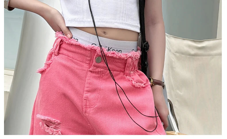junior girls pink gradient color hole wide leg jeans cotton teenager kids Mop pants pant children trousers adolecentes 4 12 14