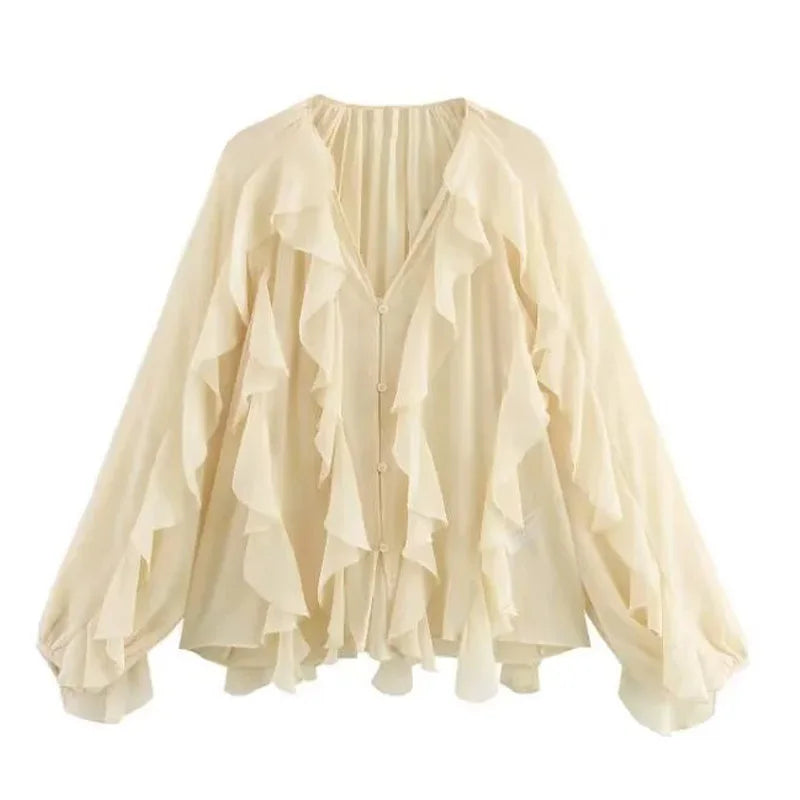 HXAO 2025 Shirts & Blouses Ruffle Elegant Women's Shirt Spring Long Sleeve Plain Shirts Women Semi Transparent Blouses For Lady