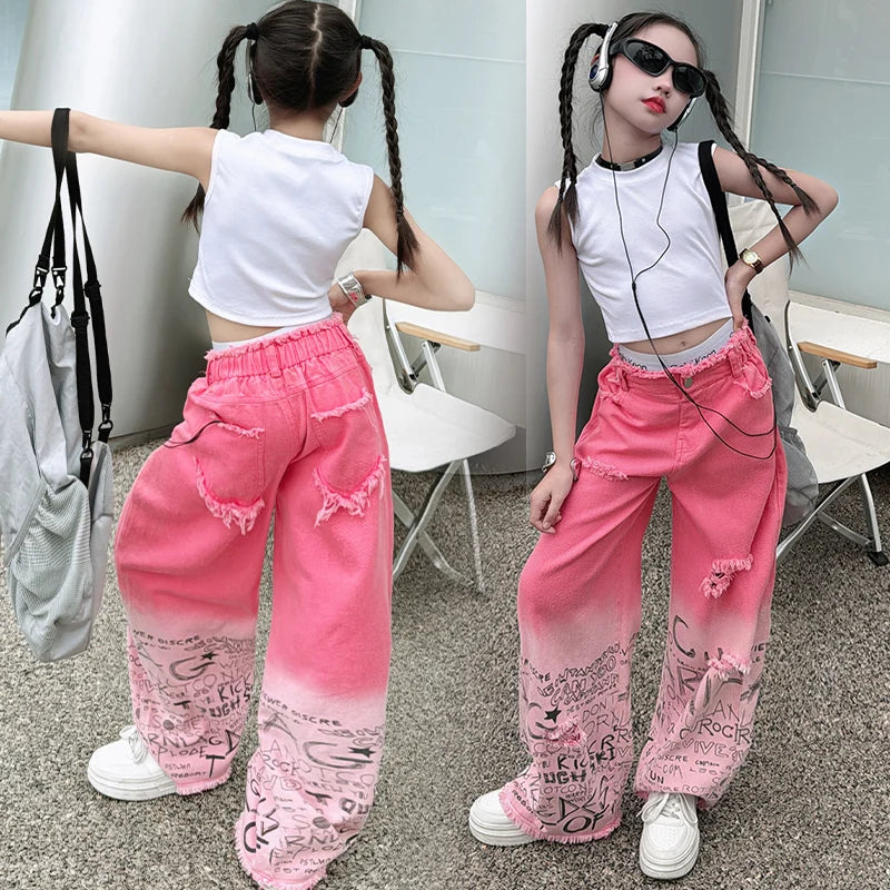 junior girls pink gradient color hole wide leg jeans cotton teenager kids Mop pants pant children trousers adolecentes 4 12 14