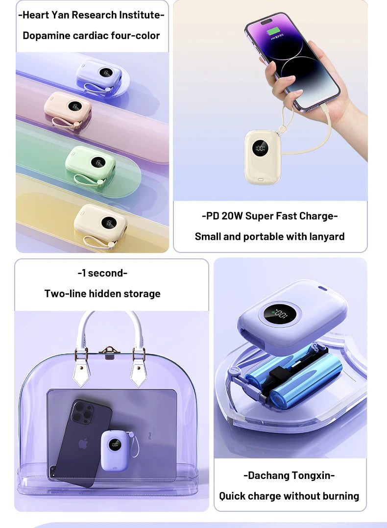 PD22.5W power bank, bidirectional fast charging with 10000mAh cable, large capacity mobile power bank mini ultra-thin power bank