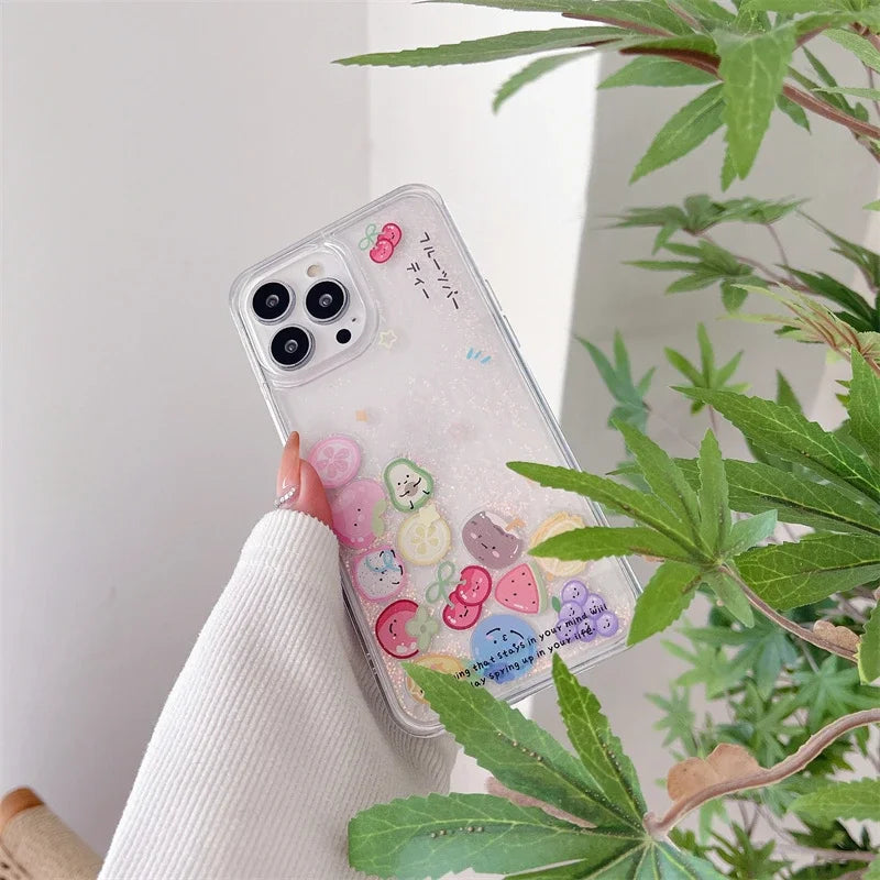 Fruit Floating Icons Quicksand Case for iPhone 16 15 Pro Max Clear Hard Plastic Protective Coque Liquid Sand Cover Phone Housing