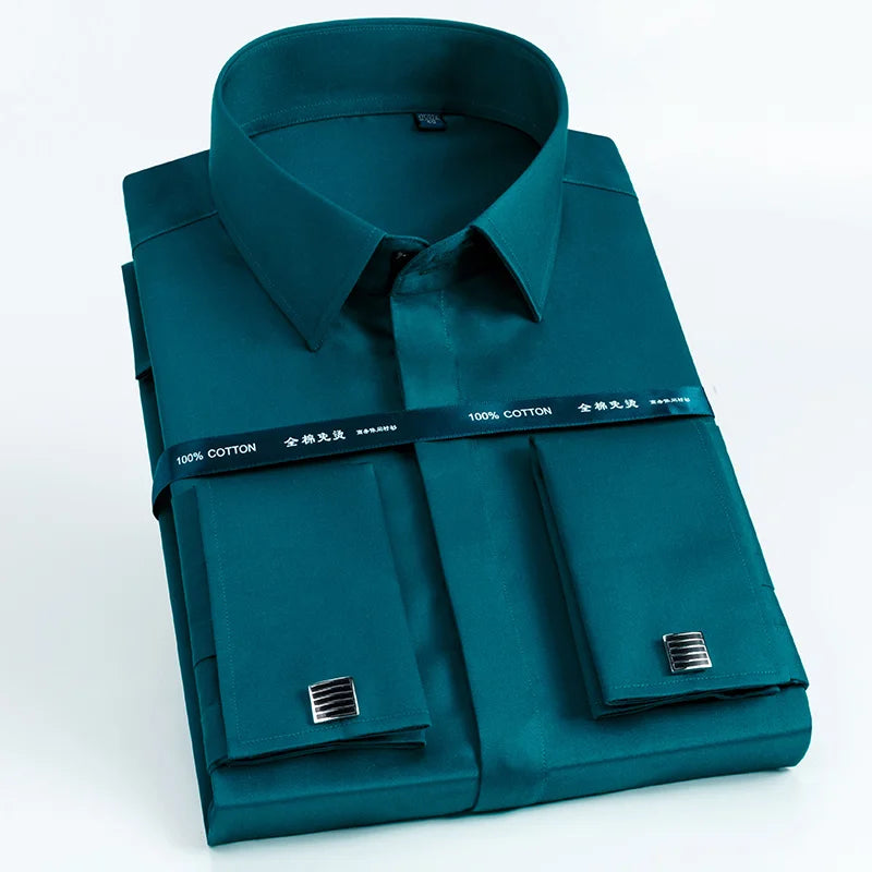 2026 Iron Free French Cufflink Long Sleeves Slim Fit 100% Cotton  Men's Concealed Buttons Solid Color High-end Wedding Dress