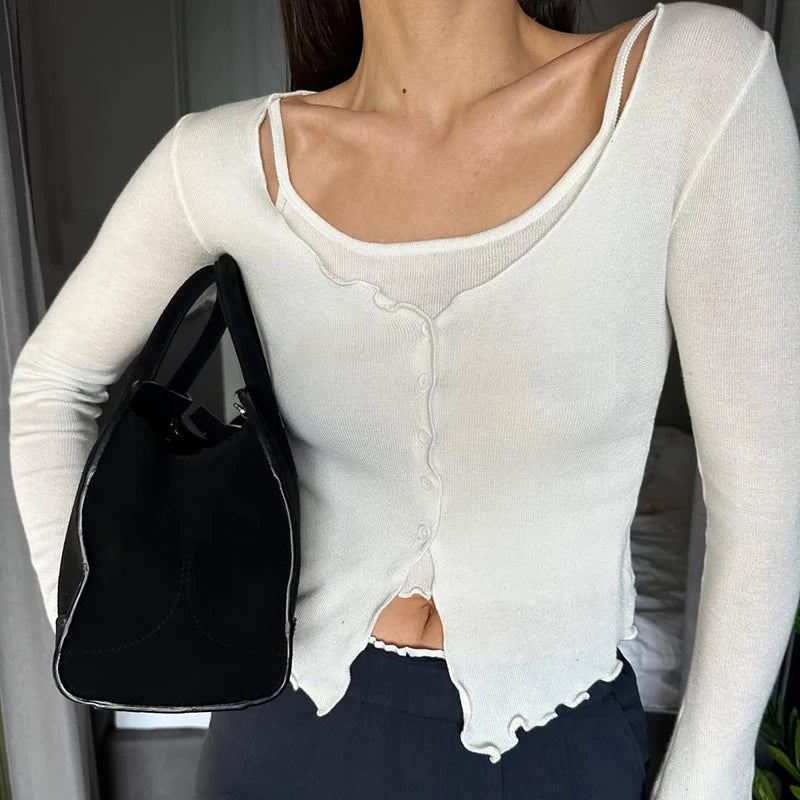 TARUXY Fashion Splice Knitted T shirt Cardigan Women's Slim Long Sleeve Single Breasted Sweater Top Female Casual Solid Outwear