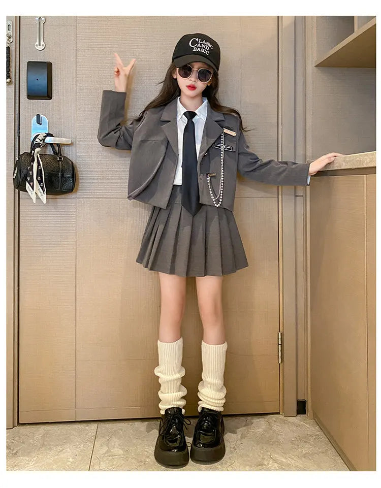 Junior Girl JK School Uniform Set Unique Formal Chain Smart Jackets and Pleated Skirt 2Pcs School Kids Child Uniform Blazer Suit