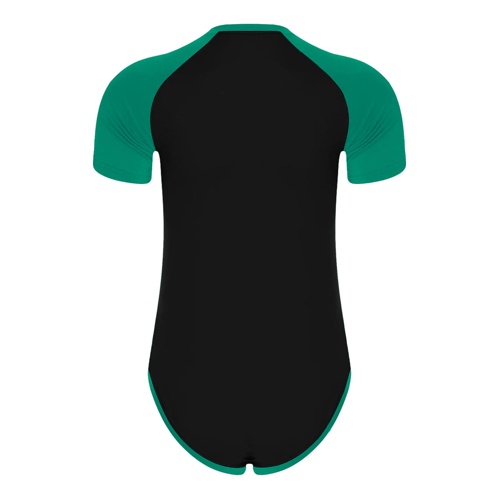 Men Workout Fitness Gym Sport Bodysuit Short Sleeve Openable Crotch Patchwork Jumpsuit for Workout Gym Sports Swimming Outfits