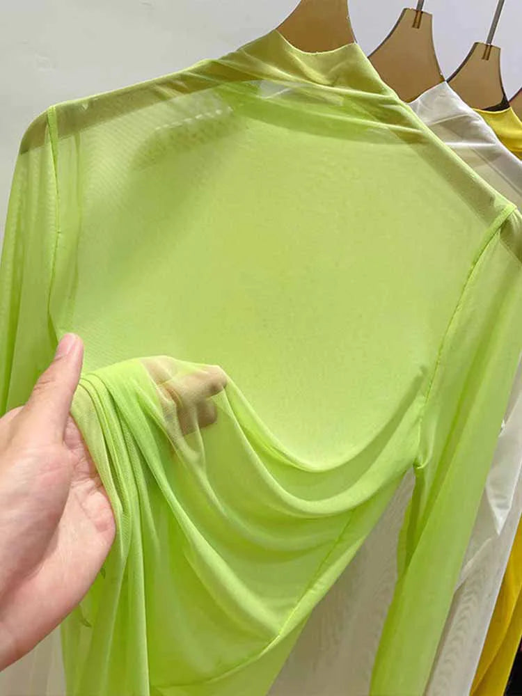 Transparent Gauze Bottoming T-shirt Women Clothing Summer Long Sleeved T-shirt with Gauze Shirt Half High Collar Sunscreen 2023