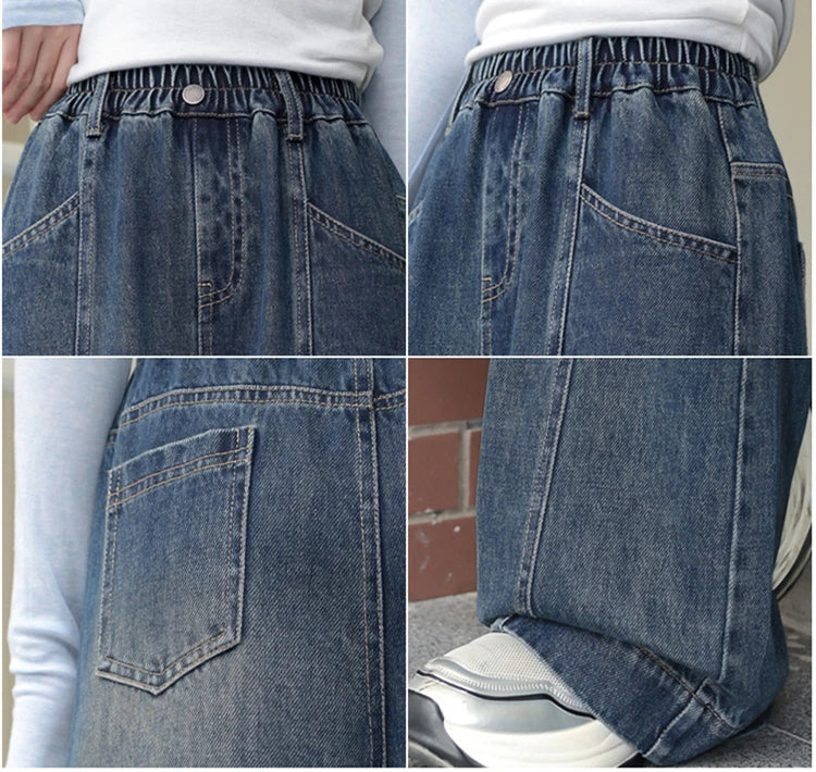 Teenager Girl Blue Jeans Fashion Retro Straight Leg Children Trousers Youth Lady Baggy Vintage Wash Casual Denim Pants Age 8-16Y