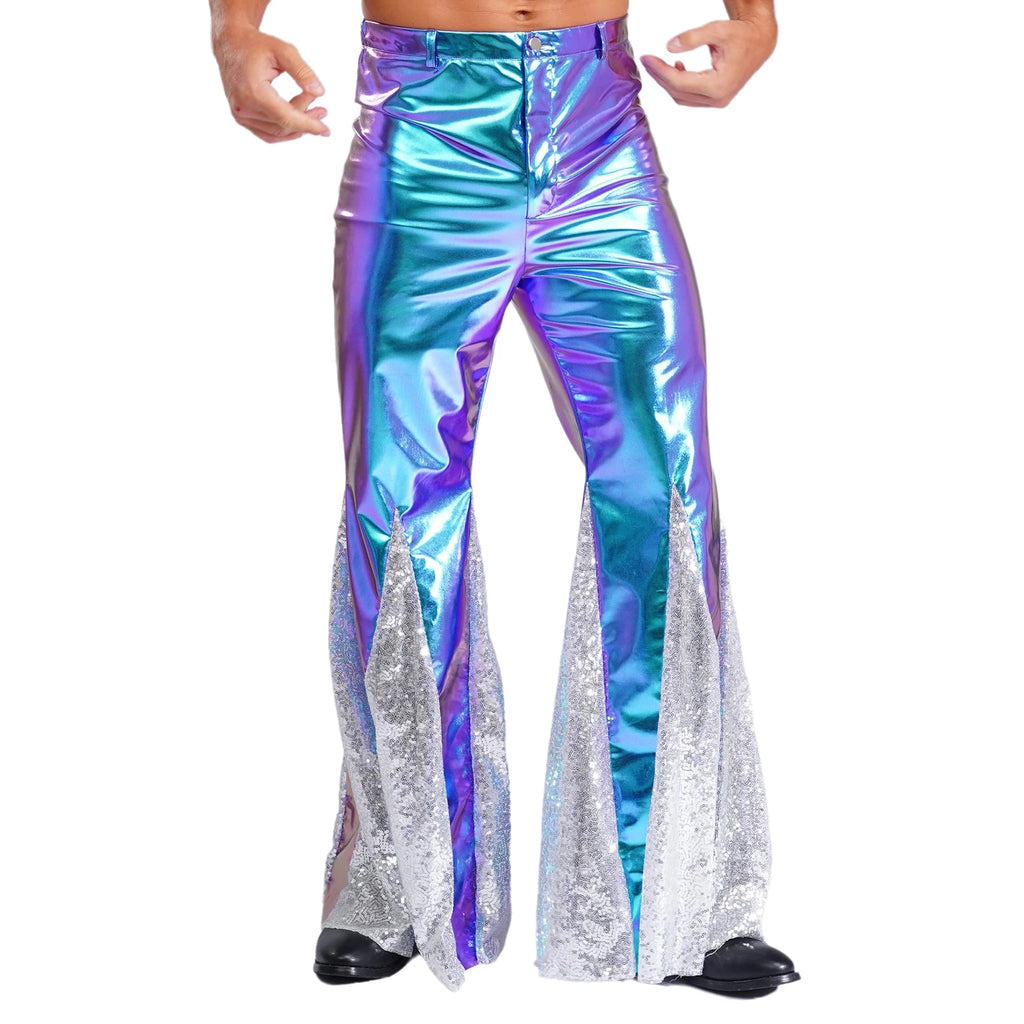 Mens Shiny Metallic 70s Disco Pants Hippie Vintage Costume Dance Party Sequins Bell Bottoms Stage Performance Flared Pants