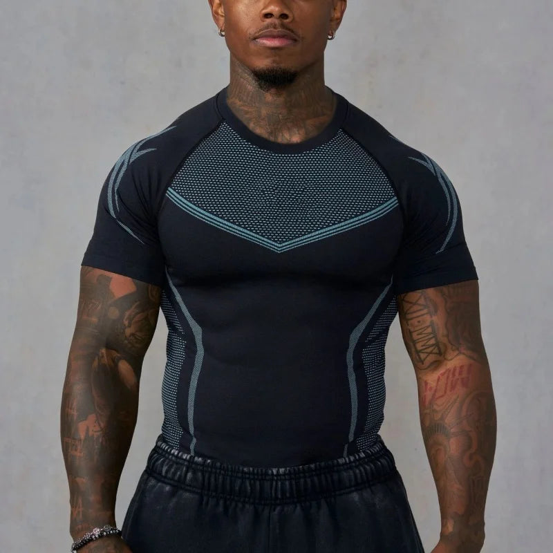 Men's Gothic Style High Elastic Quick Dry Seamless Slim Fit Training T-Shirt Short Sleeve Fitness Clothing for Sports