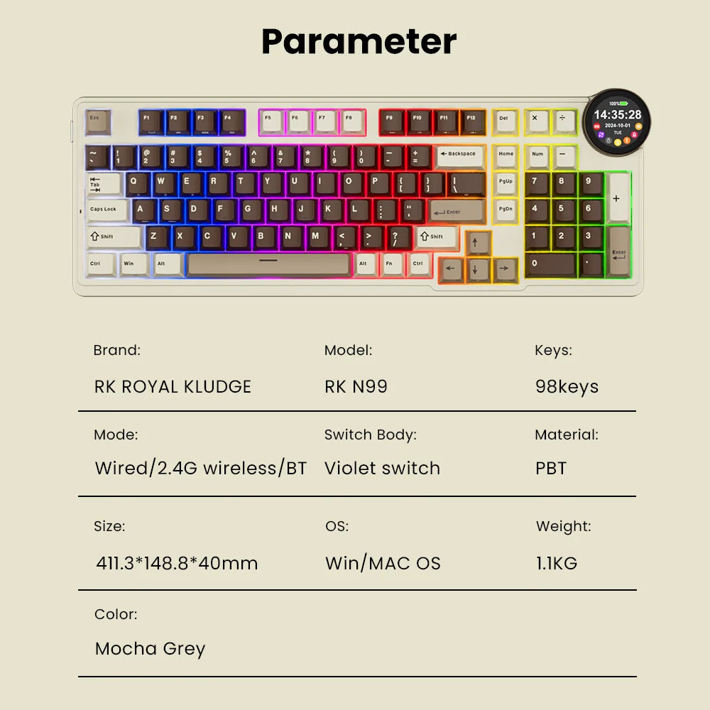 ROYAL KLUDGE RK N99 Wireless Mechanical Keyboard 98 Keys PBT Keycaps Gasket RGB Tri-mode Bluetooth Gamer Keyboard Display Screen
