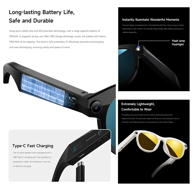 AI smart glasses for taking photos, anti shake, long-lasting battery life, Bluetooth calls, music, sports, companions, smart gla