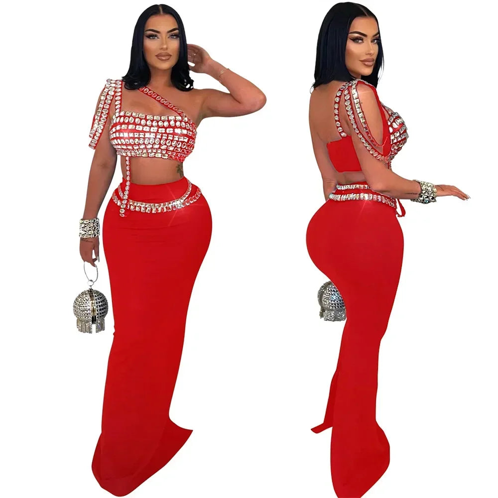 Women Dress Sets Floor Length Buttocks Skirts Two Pieces Set Matching Sets Diamonds Camisole High Street Party Night Evening