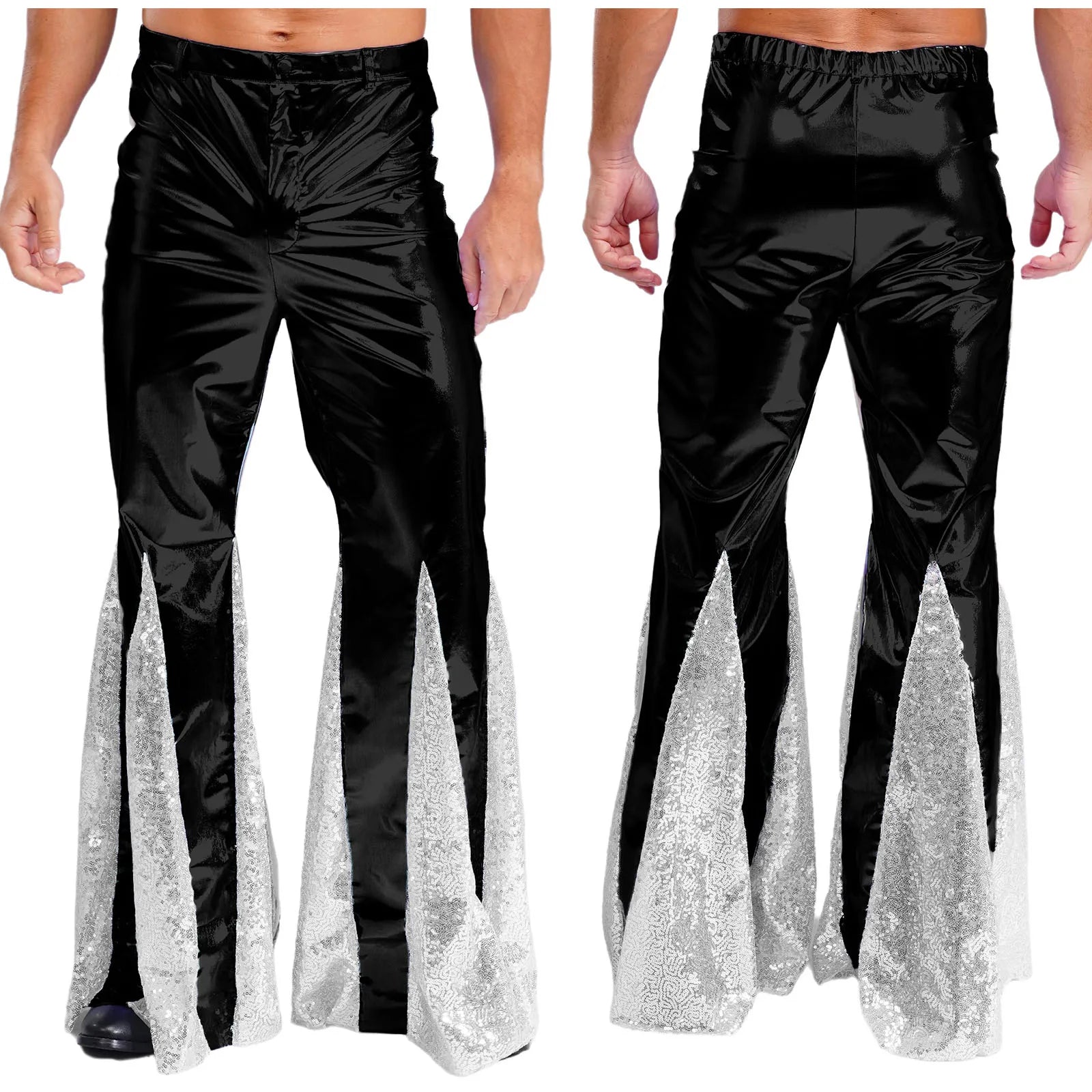 Mens Shiny Metallic 70s Disco Pants Hippie Vintage Costume Dance Party Sequins Bell Bottoms Stage Performance Flared Pants