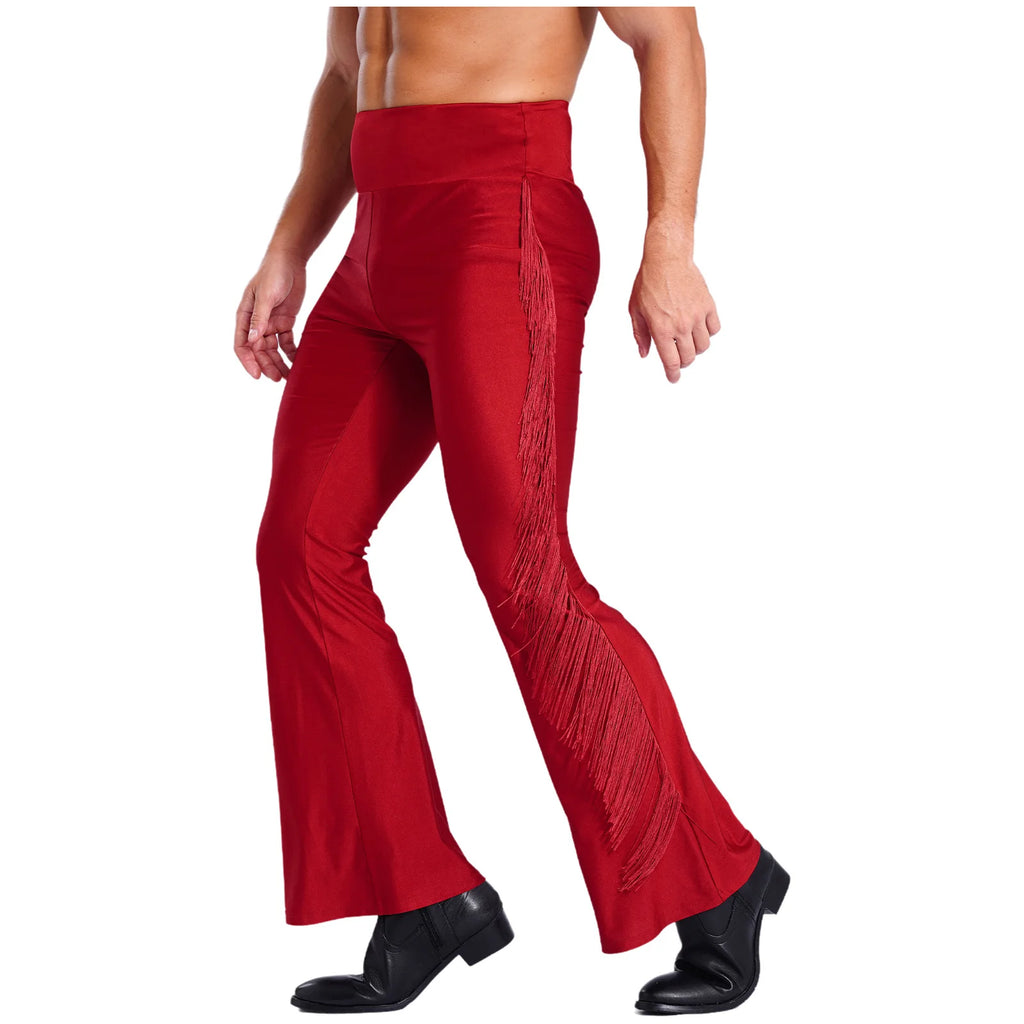 Mens Tassel Flared Pants Vintage Bell-Bottom High Waist Trousers for Jazz Latin Dance Stage Performance Club Disco Party Costume