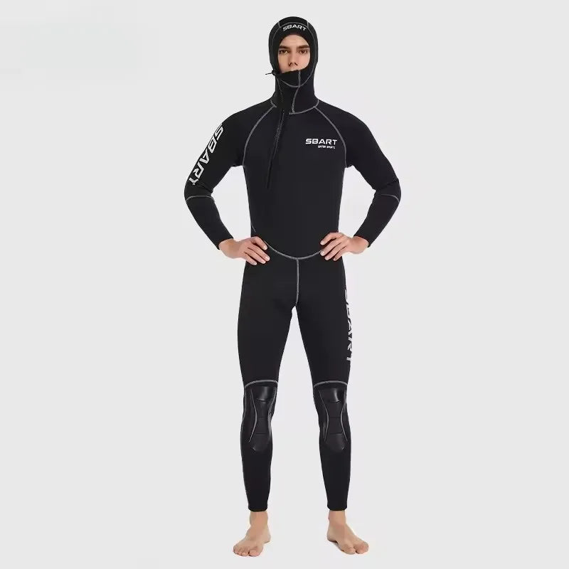 SBART 3mm One-piece Neoprene Wetsuit Men Hooded Warm Long Sleeve Diving Suit Cold Proof Sunscreen Surfing Swimming Snorkeling